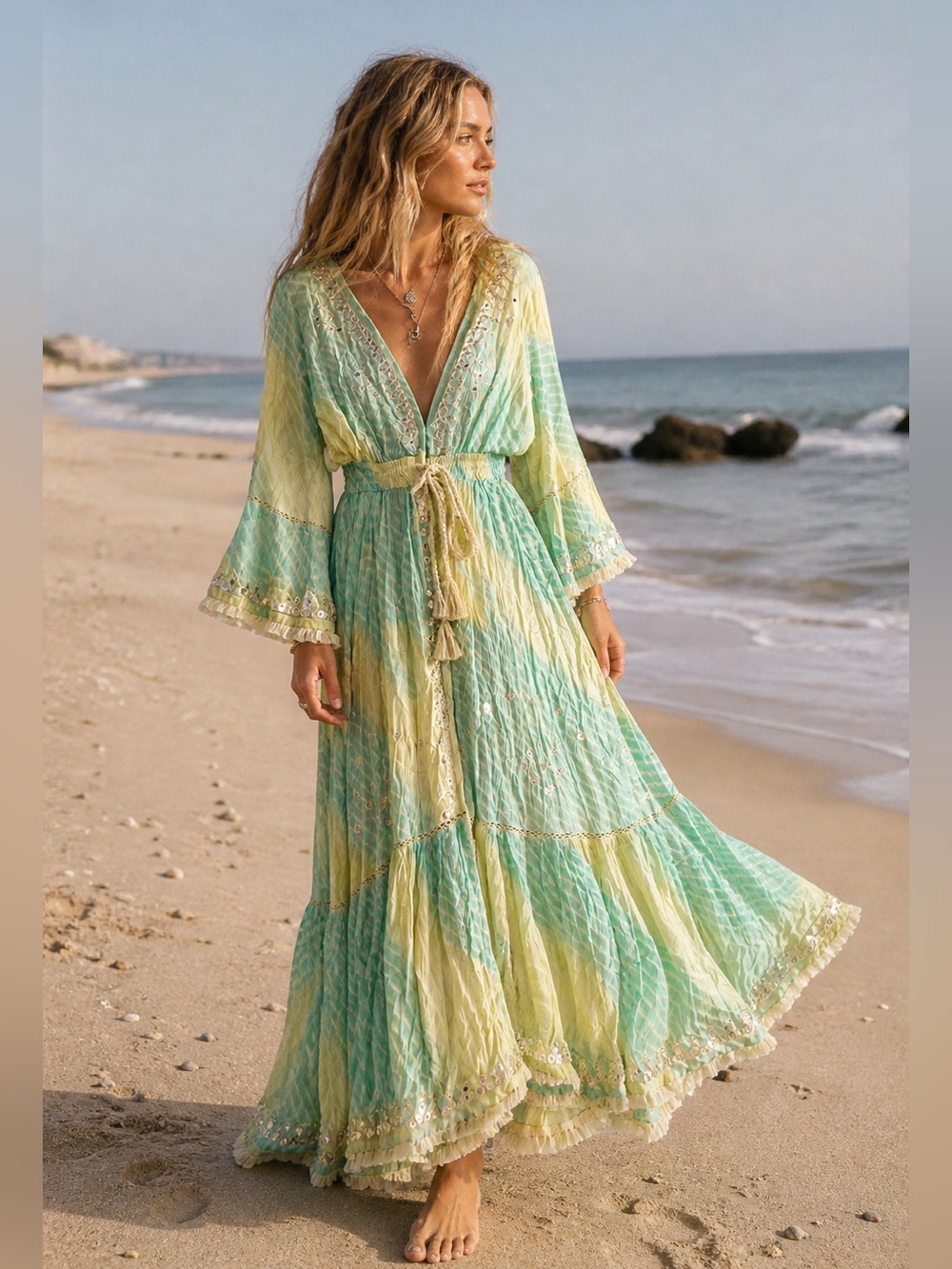 Boho Madrid Maxi Dress Mint Yellow Handmade Sequins India Embroidered Resort